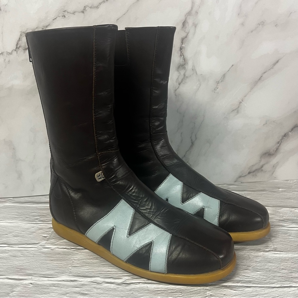 MAG Brown & Blue Leather Mid Calf Back Zip Boots